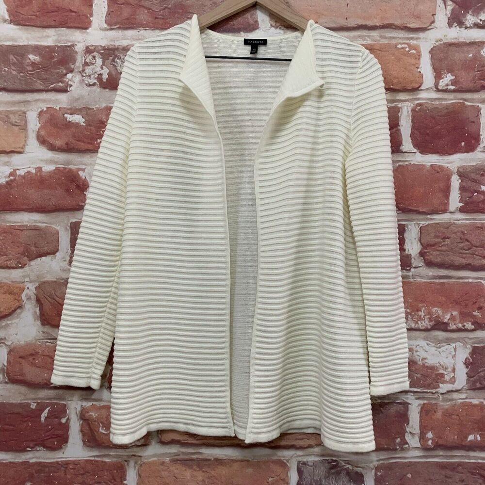Talbots Cardigan Sweater Women's XS Cream Ribbed Knit Open Front Long Sleeves - Picture 6 of 8
